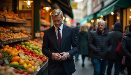 Stylish Businessman at Market with Fresh Produce Displays