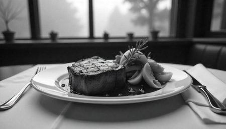 Grilled steak with vegetables on a white plate