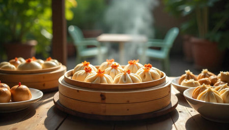 Delicious steamed dumplings in bamboo steamer on outdoor setting