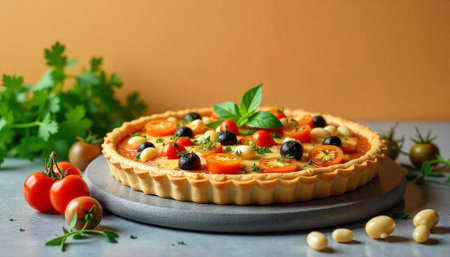 Delicious homemade tomato tart with olives and fresh herbs
