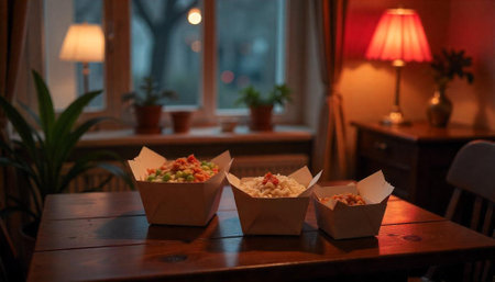 Variety of takeout food displayed indoors, cozy dining atmosphereの写真素材