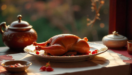 Roasted turkey feast with cranberry sauce on tabletopの写真素材