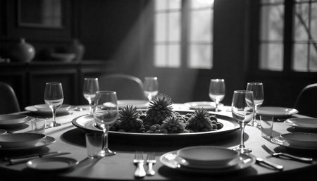 Elegant Black and White Table Setting with Centerpieceの写真素材