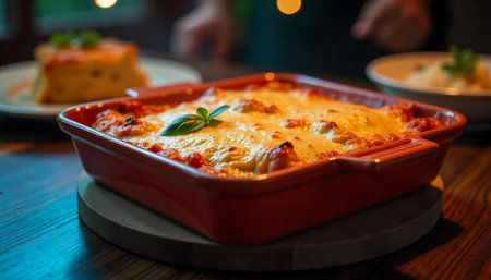 Lasagna in a baking dish on a wooden tableの写真素材