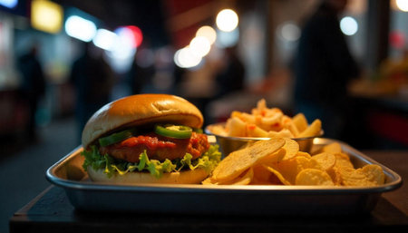 Delicious chicken burger meal with potato chips on trayの写真素材
