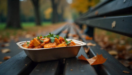 Curried sweet potatoes on bench in the autumnal park