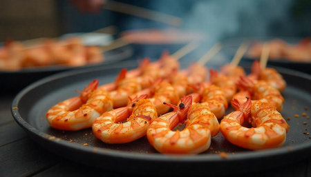 Grilled shrimp skewers on a black plate close-upの写真素材
