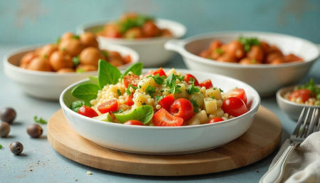 Fresh and colorful pasta salad with potatoes and tomatoes