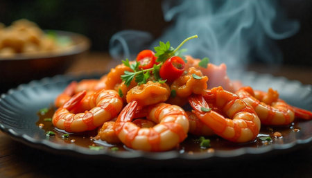 Steaming Shrimp Dish with Vegetables on a Dark Plateの写真素材