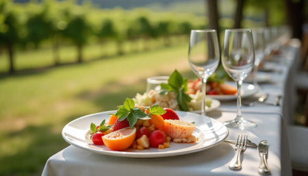 Elegant outdoor dining setting with fresh fruit saladの写真素材