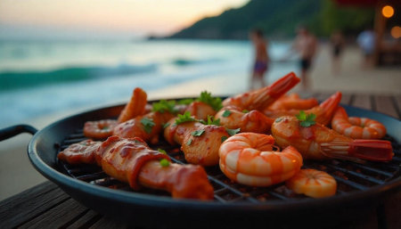 Grilled shrimp and scallops on a black grill plateの写真素材