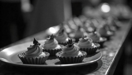 Elegant monochrome cupcakes lined up on platter for dessertの写真素材