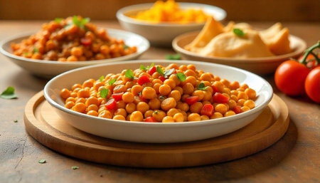 Plated Chickpea Dish with Tomatoes and Mint Leaves
