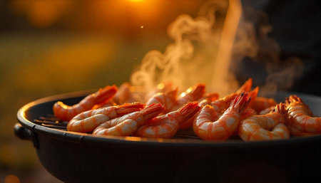 Grilled shrimp on barbecue with smoke and golden lightの写真素材