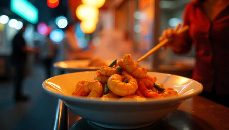 Close up of delicious shrimp dish at street food vendorの写真素材