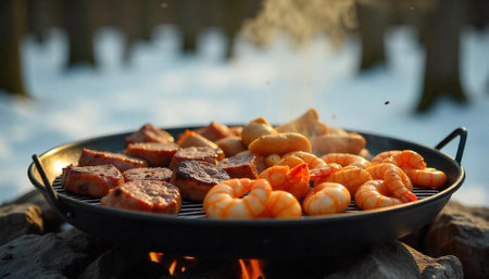 Winter barbecue: close-up of grilling shrimp and meat