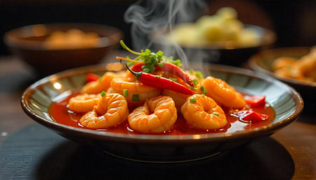 Steaming shrimp dish with spicy chili and herbs.の写真素材