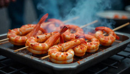 Grilled shrimp skewers on a metal tray with smokeの写真素材