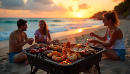 Friends enjoying sunset barbecue on tropical beach vacationの写真素材