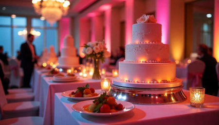 Elegant wedding reception featuring cake table with romantic lighting
