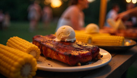 Outdoor Barbecue Feast with Ribs Corn and Ice Creamの写真素材