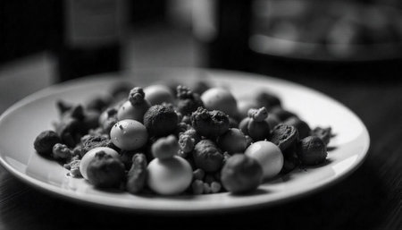 Plate of round confectionery in grayscale, selective focus shotの写真素材