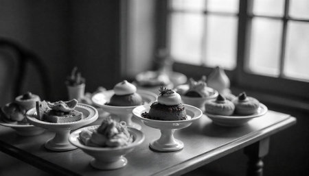 Elegant dessert arrangement in monochrome on antique table near windowの写真素材