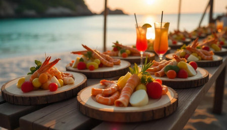 Elegant shrimp appetizer and cocktails on beachfront wooden tableの写真素材