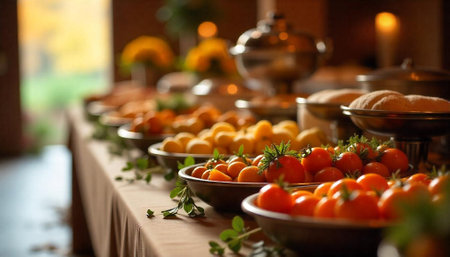 Abundant buffet table with fall colors and elegant arrangementの写真素材