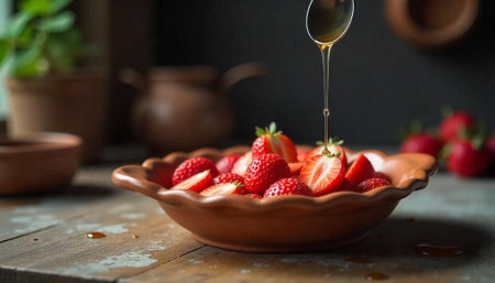 Strawberries with honey in terracotta bowl on wooden tableの写真素材
