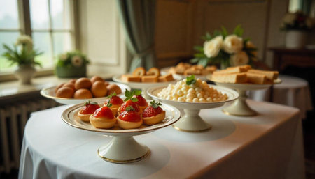 Elegant dessert table with tarts and creamy bites assortment