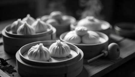 Steaming dumplings in bamboo baskets on wooden surfaceの写真素材