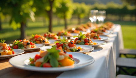 Outdoor event featuring fresh salad at sunny vineyardの写真素材