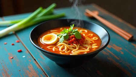 Steaming ramen bowl with egg and vibrant toppings photo