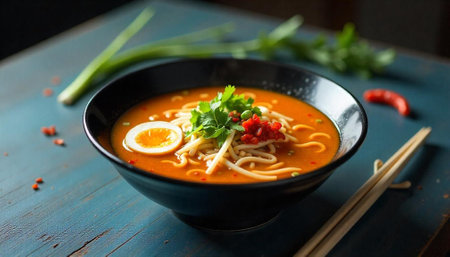 Delicious ramen bowl with egg and toppings on tableの写真素材