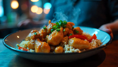 Steaming Orange Chicken Dish with Couscous and Green Onionsの写真素材