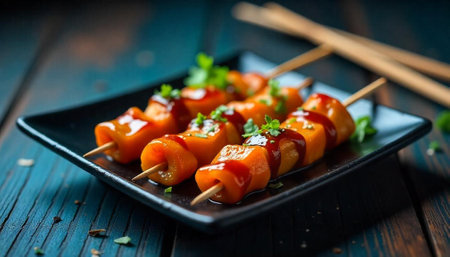 Appetizing fruit skewers with glaze, served on black plateの写真素材