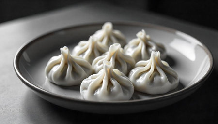 Plated dumplings with elegant folds against a muted backdropの写真素材