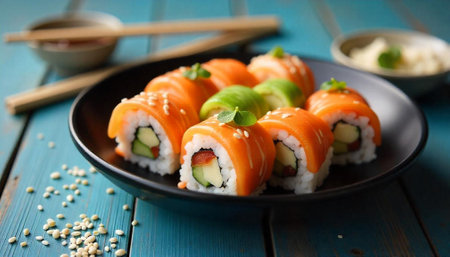Delicious sushi rolls with salmon and avocado on plateの写真素材