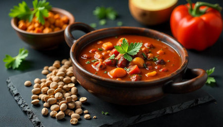 Hearty vegetable and bean stew in rustic setting