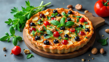 Delicious vegetable tart with fresh ingredients on wooden board