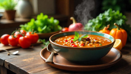 Hot hearty soup with vegetables on rustic wooden tableの写真素材