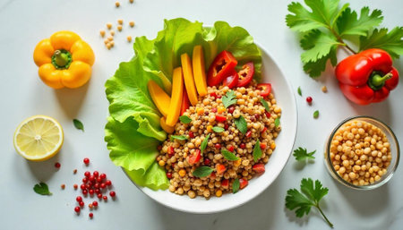 Healthy Chickpea Salad with Fresh Vegetables on Marble Surface