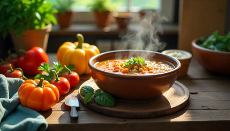 Bowl of steaming vegetable soup with fresh autumn ingredientsの写真素材