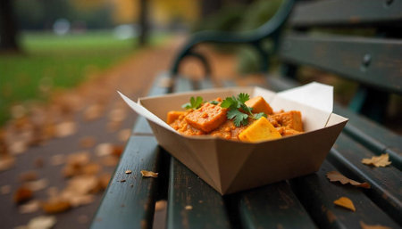 Takeaway vegetable curry with tofu served on a park bench