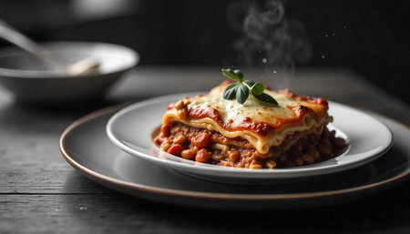 Delicious Lasagna with Steaming Heat on Elegant Gray Platesの写真素材