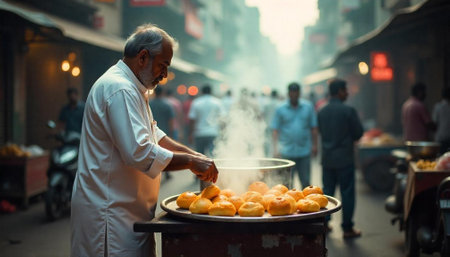 Street food vendor preparing traditional Indian sweets on streetの写真素材