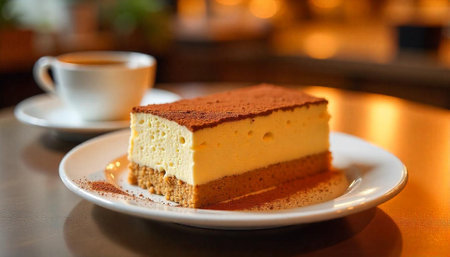 Tiramisu cake slice with coffee on a plate closeup