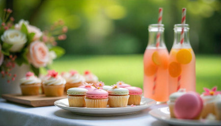 Pastel refreshments: cupcakes and pink lemonade outdoor picnic setting