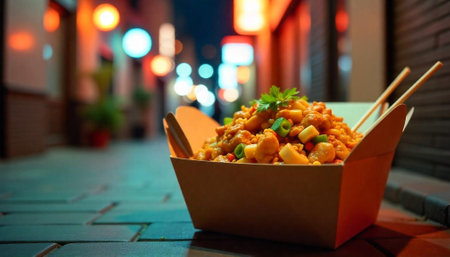 Asian food in takeaway box on city streetの写真素材